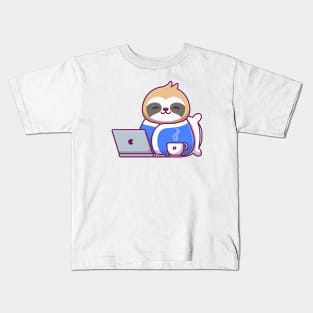 Cute Sloth Wearing Blanket With Laptop And Coffee Kids T-Shirt